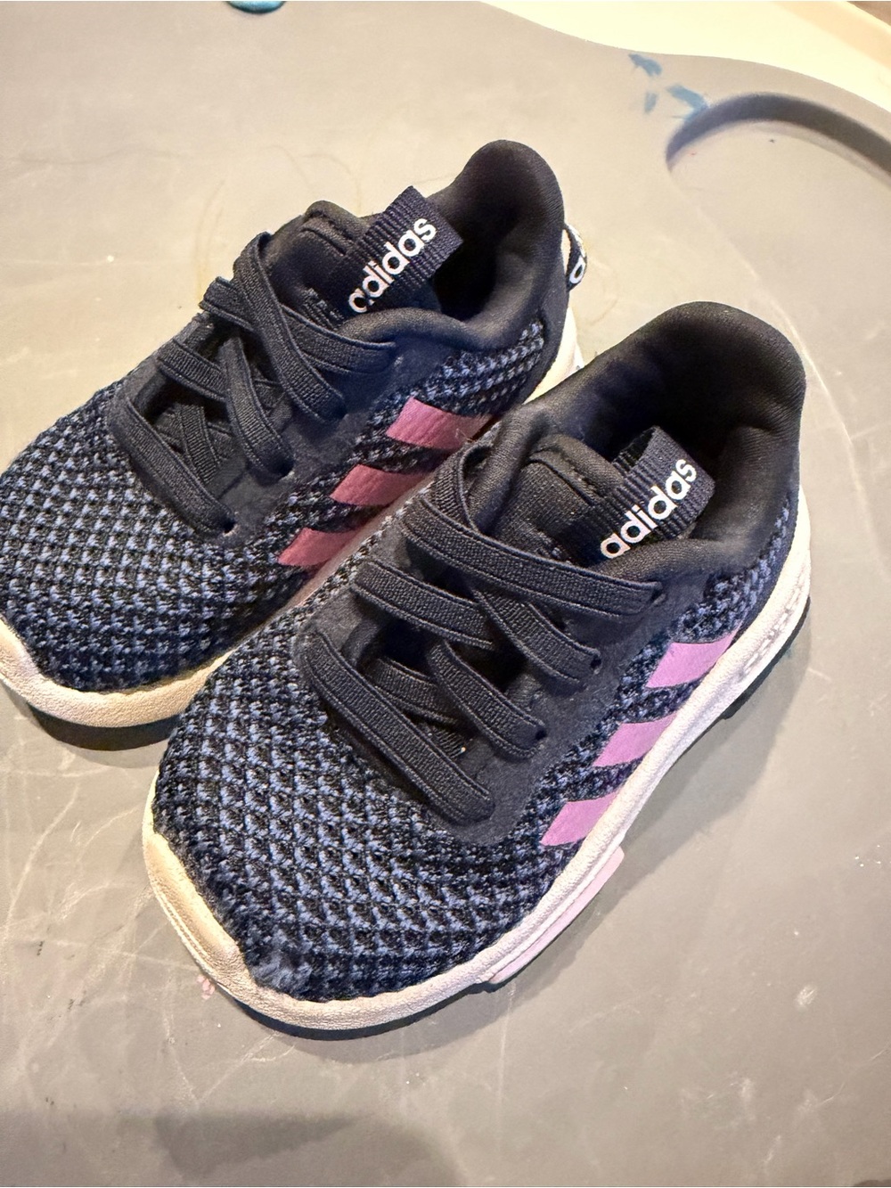 adidas Kids Black Knit Sneakers with Pink Stripes